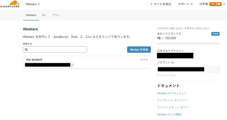 CloudflareのWorkerのトップ画面
