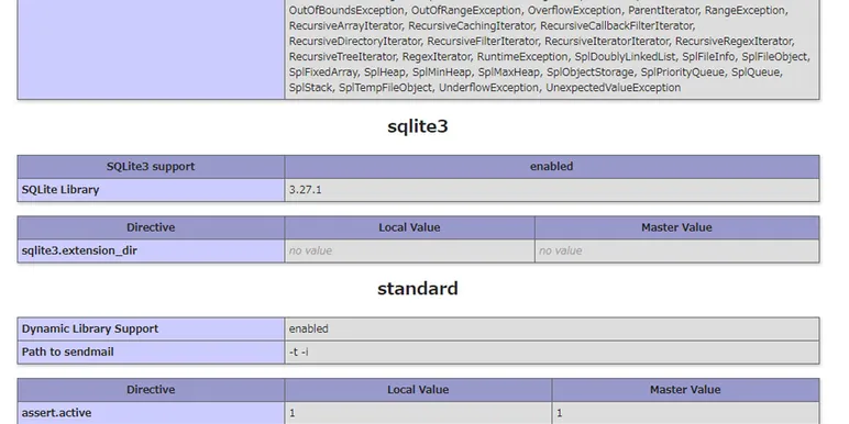 phpinfoの中のSQLiteの設定部分の画像