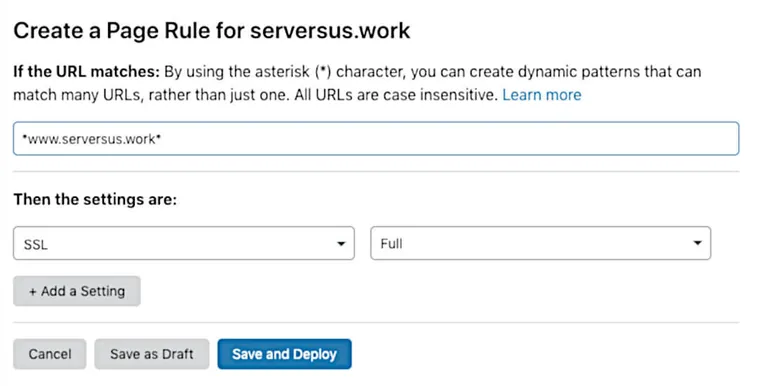 CloudflareのPage Ruleの設定画面